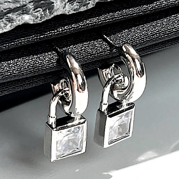 Sterling Silver Zircon Lock Minimalist Hoop Earrings - Picture 2 of 4